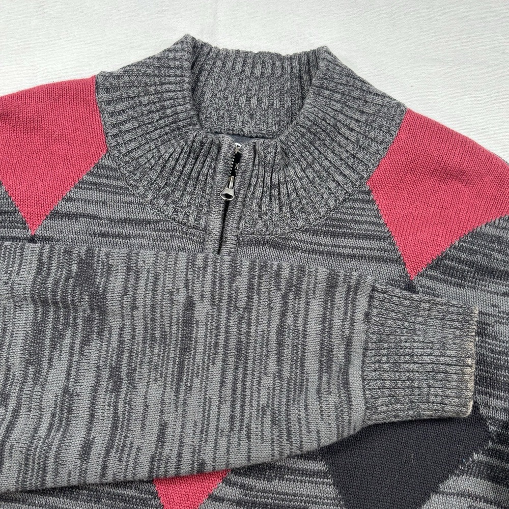 Carbon 1/4 Zip Pullover Diamond Argyle Sweater Men's XXL 2XL Gray Red Preowned
